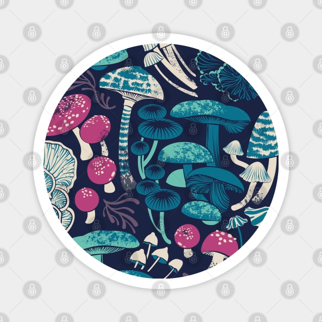 Mystical fungi // midnight blue background mint teal and dark pink wild mushrooms Magnet by SelmaCardoso